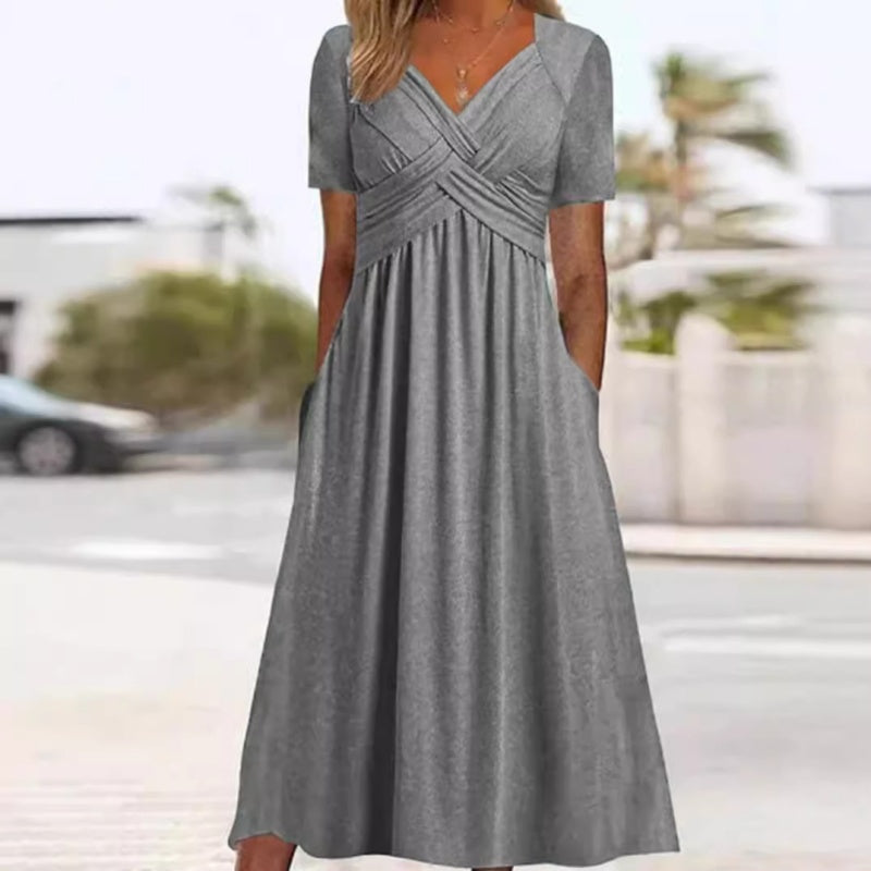 Vestido Largo de Manga Corta con Cuello en V