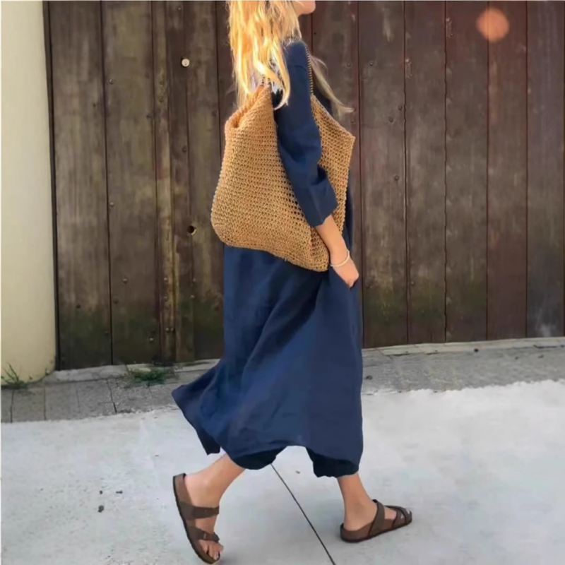 Conjunto de Dos Piezas de Lino Suelto con Bolsillos y Escote en V
