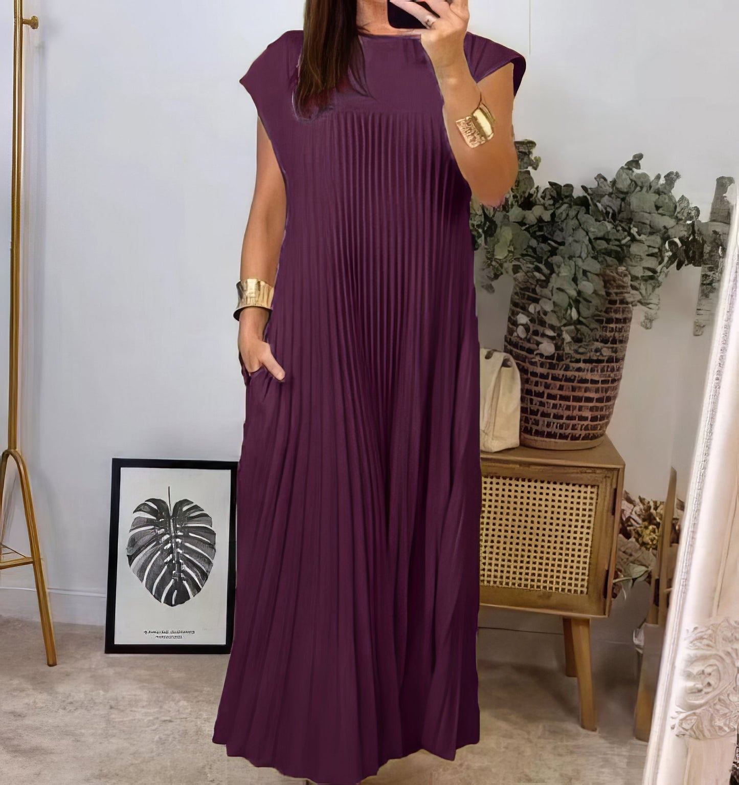 Vestido Largo Plisado Con cuello redondo y sin mangas