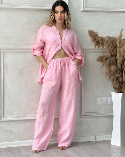 Conjunto de Camisa Manga Larga y Pantalón Holgado en Lino