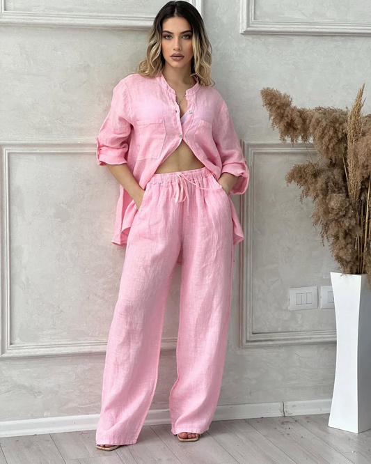 Conjunto de Camisa Manga Larga y Pantalón Holgado en Lino