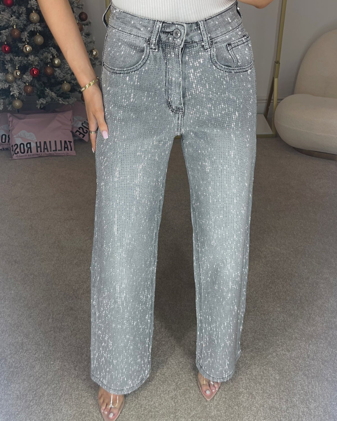 Pantalón de Pierna Ancha con Diamante