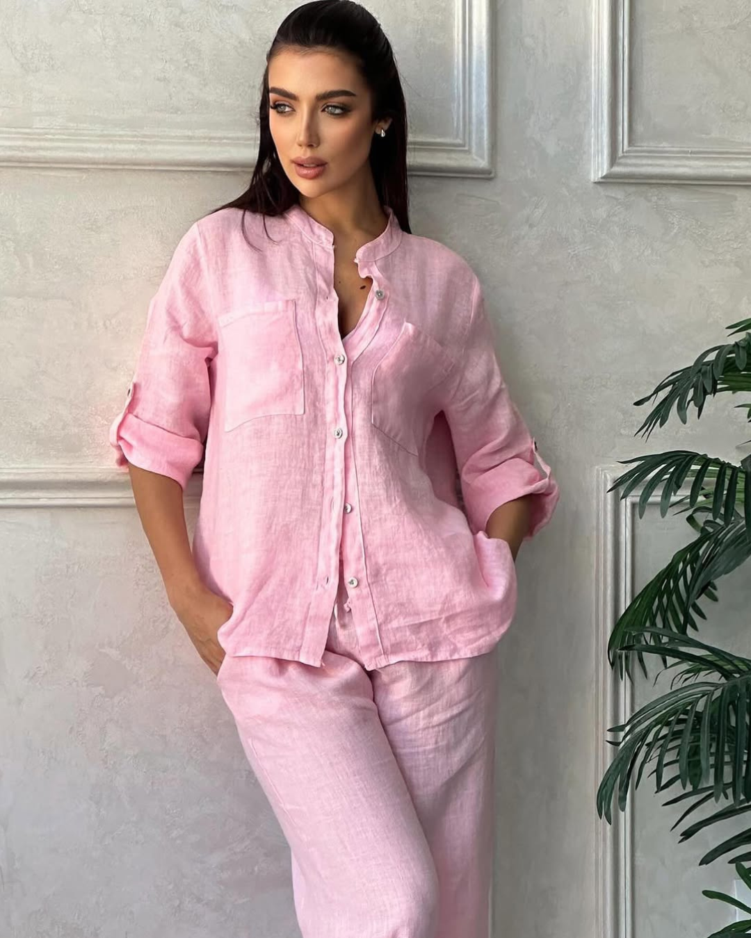 Conjunto de Camisa Manga Larga y Pantalón Holgado en Lino