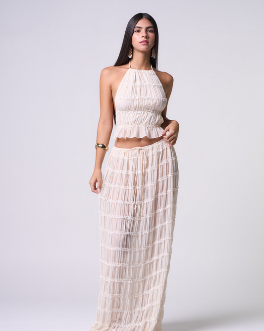 Conjunto de Blusa y Falda en Lino Pinzando