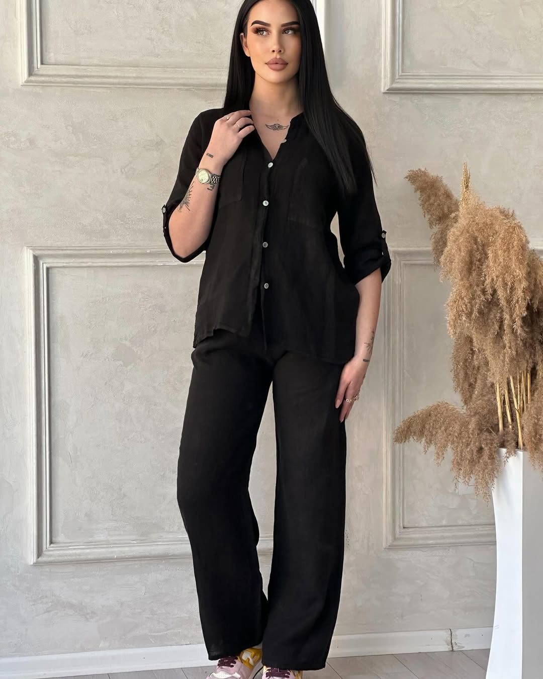 Conjunto de Camisa Manga Larga y Pantalón Holgado en Lino