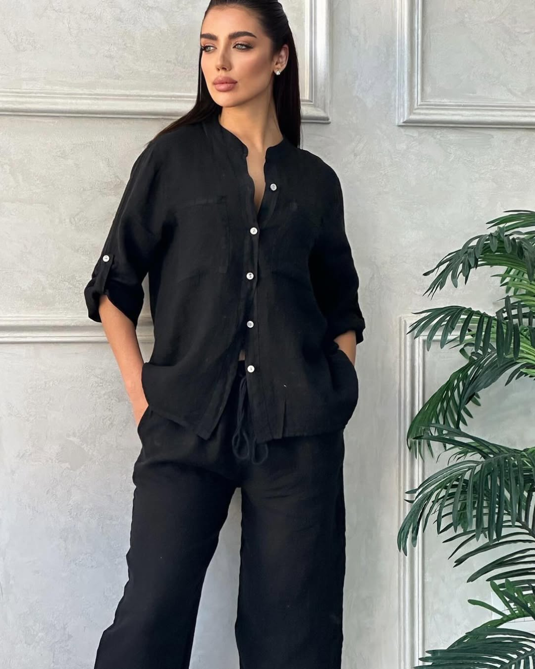 Conjunto de Camisa Manga Larga y Pantalón Holgado en Lino