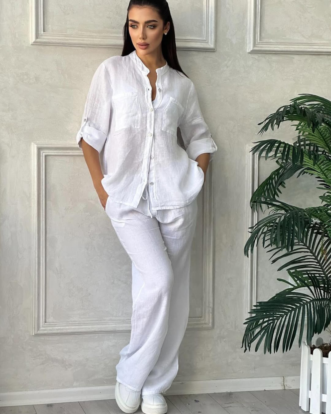 Conjunto de Camisa Manga Larga y Pantalón Holgado en Lino