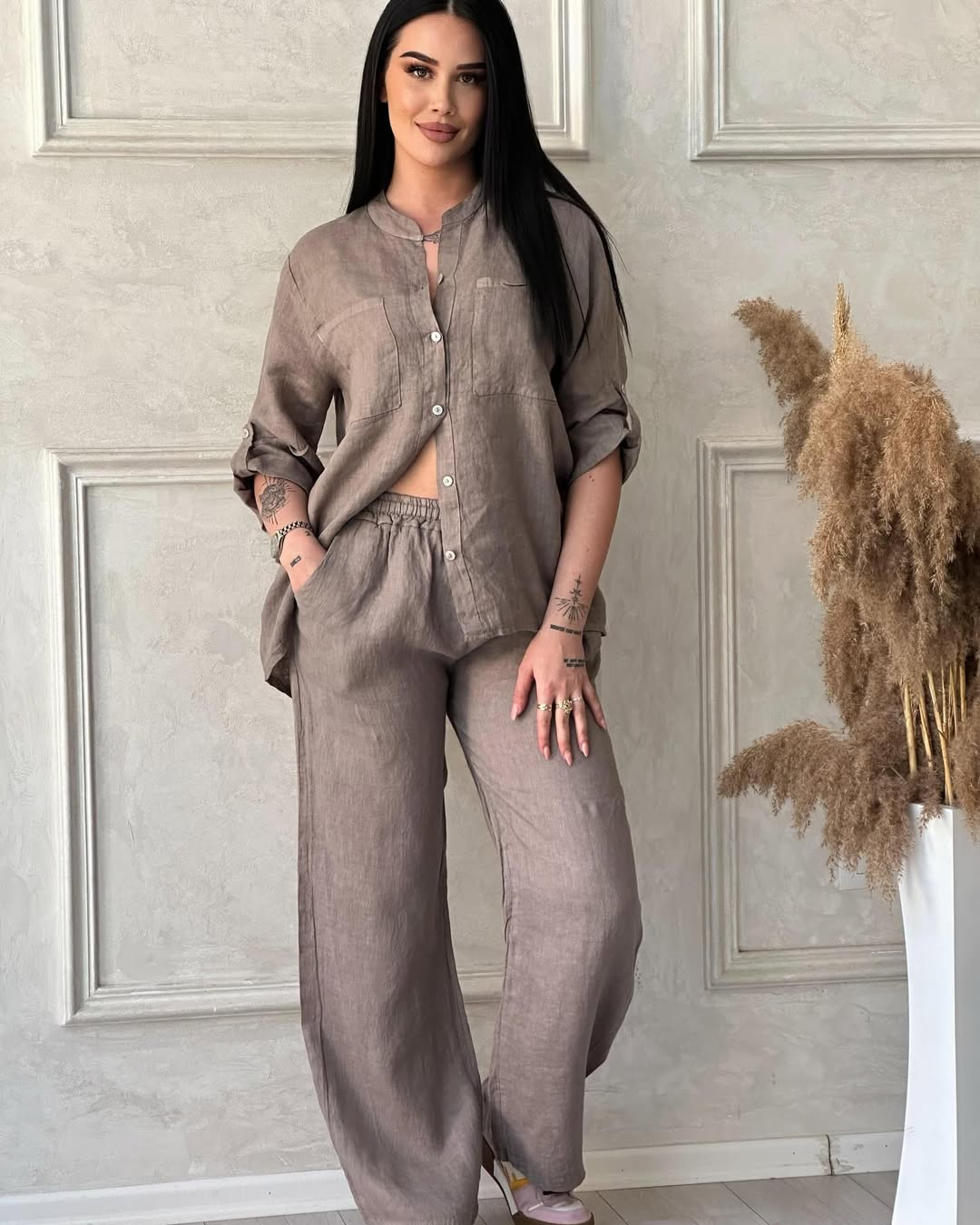 Conjunto de Camisa Manga Larga y Pantalón Holgado en Lino