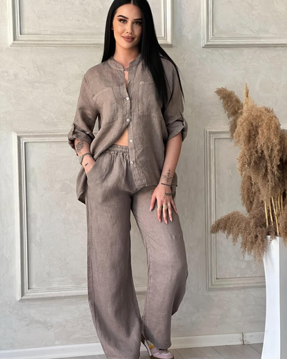 Conjunto de Camisa Manga Larga y Pantalón Holgado en Lino