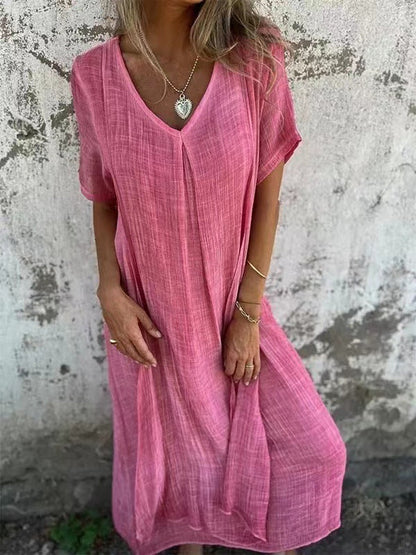 Vestido Midi de Algodón y Lino con Cuello en V