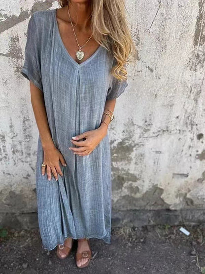 Vestido Midi de Algodón y Lino con Cuello en V