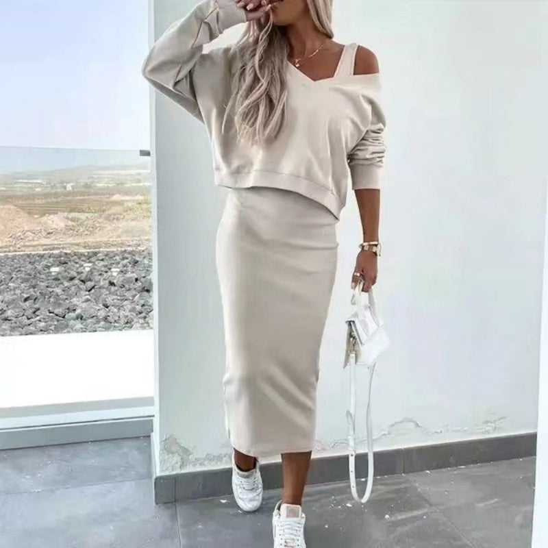 Conjunto de dos piezas para mujer con vestido sin mangas y suéter holgado con cuello en V.