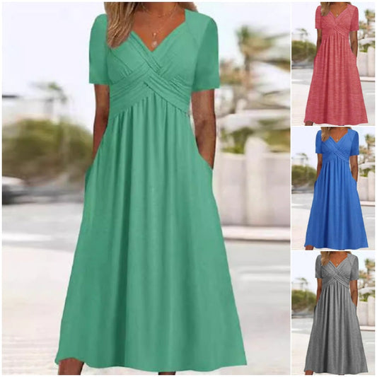 Vestido Largo de Manga Corta con Cuello en V