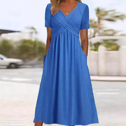 Vestido Largo de Manga Corta con Cuello en V