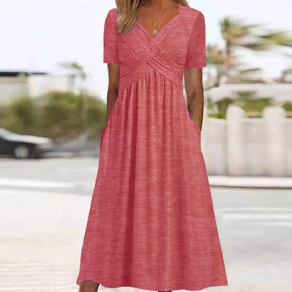 Vestido Largo de Manga Corta con Cuello en V