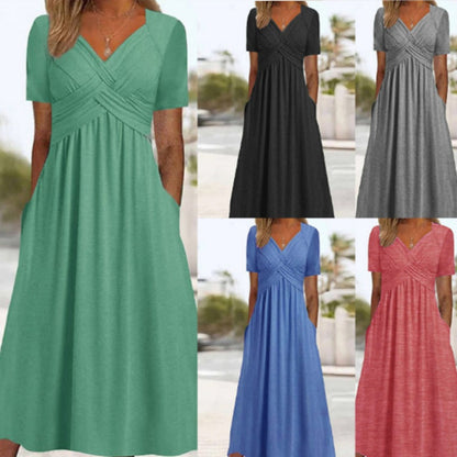 Vestido Largo de Manga Corta con Cuello en V