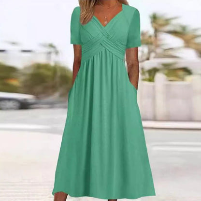 Vestido Largo de Manga Corta con Cuello en V