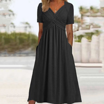 Vestido Largo de Manga Corta con Cuello en V