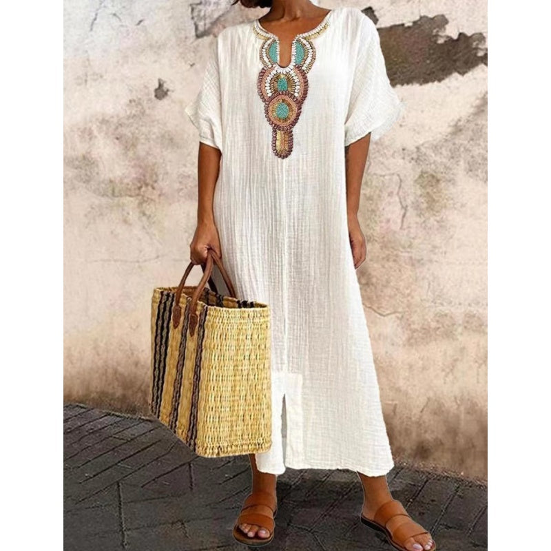 Vestido de Lino y Algodón Suelto con Bordados
