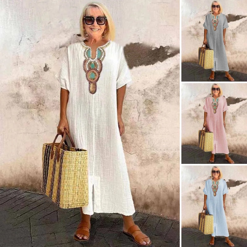 Vestido de Lino y Algodón Suelto con Bordados