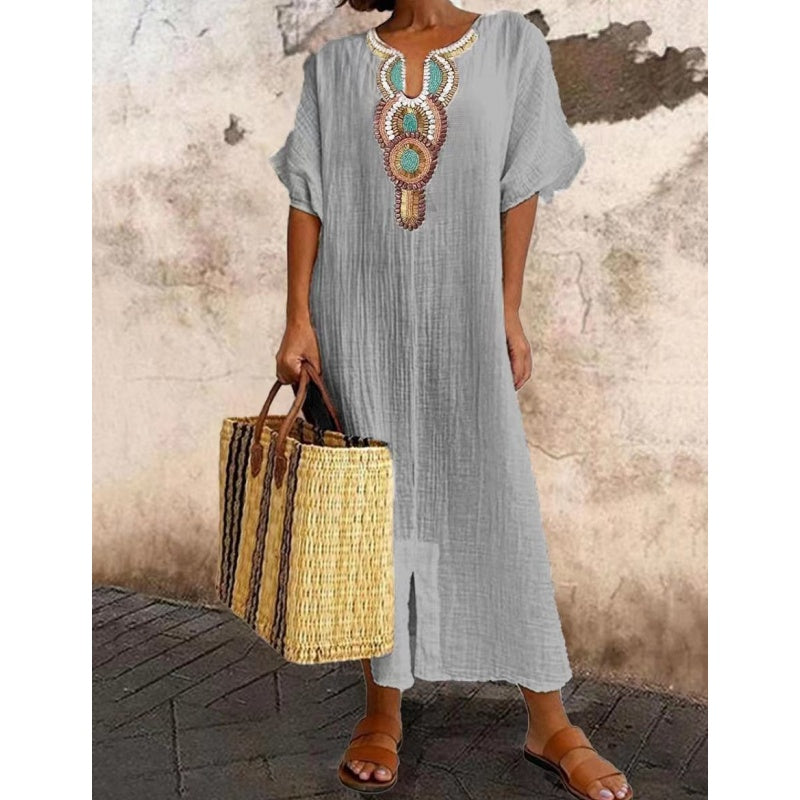 Vestido de Lino y Algodón Suelto con Bordados