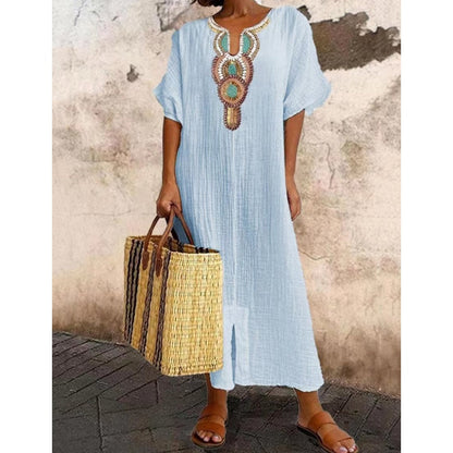 Vestido de Lino y Algodón Suelto con Bordados