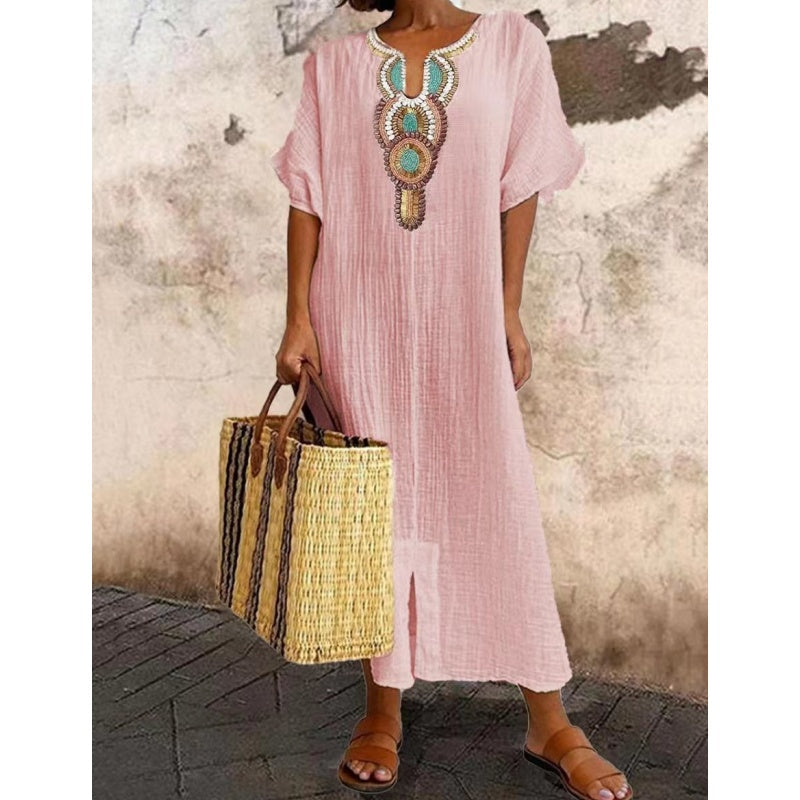 Vestido de Lino y Algodón Suelto con Bordados