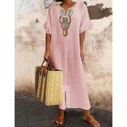 Vestido de Lino y Algodón Suelto con Bordados