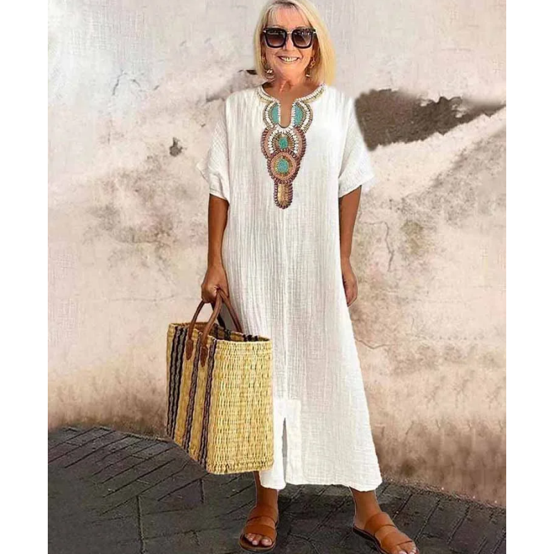 Vestido de Lino y Algodón Suelto con Bordados