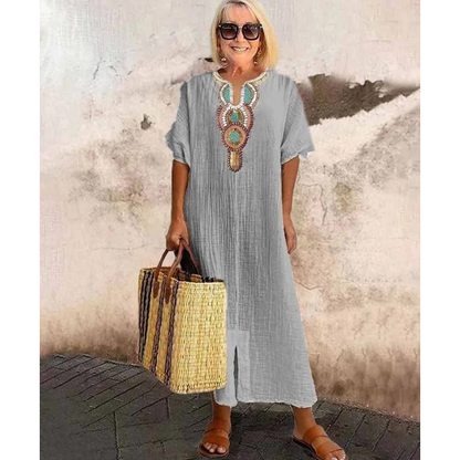 Vestido de Lino y Algodón Suelto con Bordados
