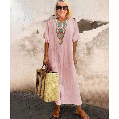 Vestido de Lino y Algodón Suelto con Bordados