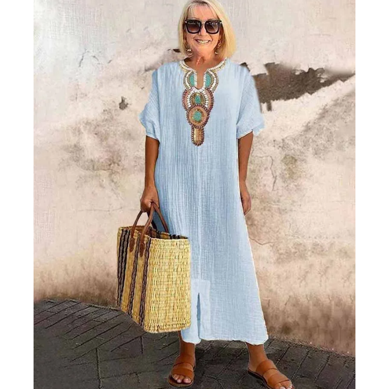 Vestido de Lino y Algodón Suelto con Bordados
