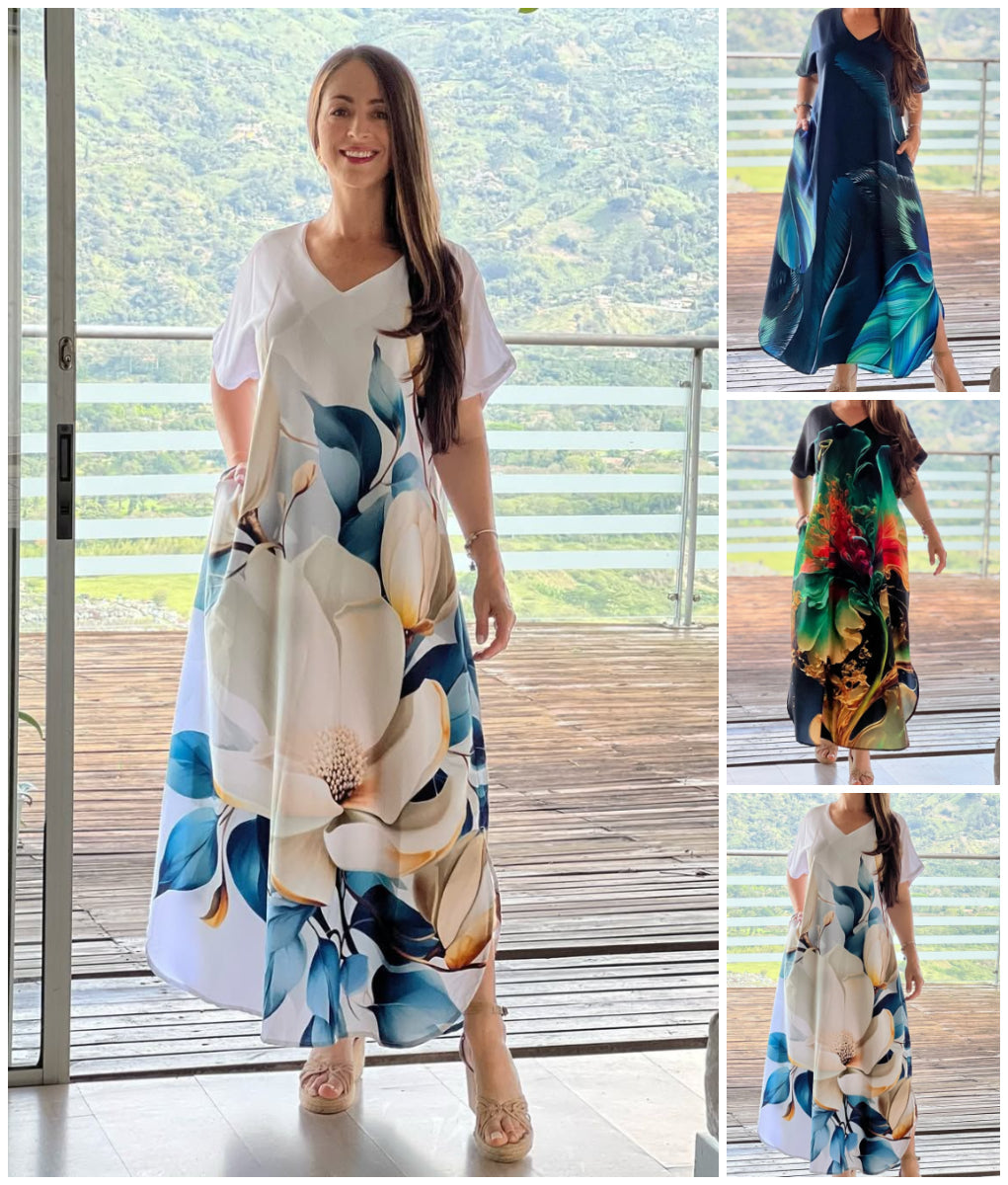 Vestido Suelto Estampado de Manga Corta