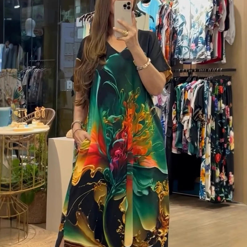 Vestido Suelto Estampado de Manga Corta