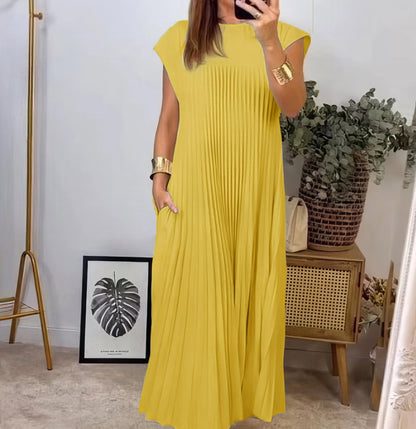 Vestido Largo Plisado Con cuello redondo y sin mangas