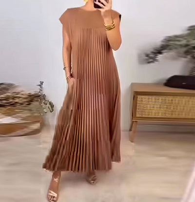Vestido Largo Plisado Con cuello redondo y sin mangas