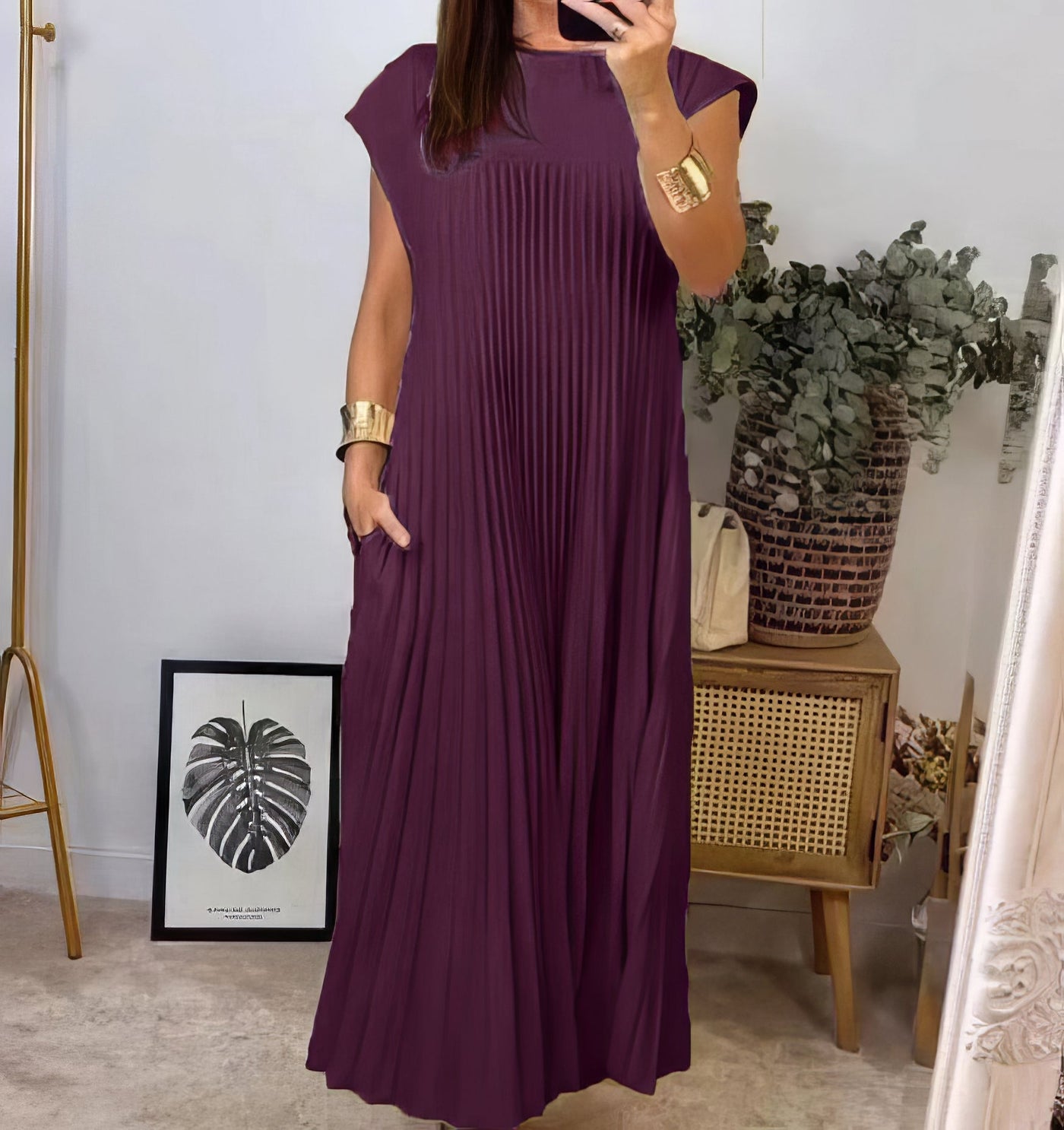 Vestido Largo Plisado Con cuello redondo y sin mangas