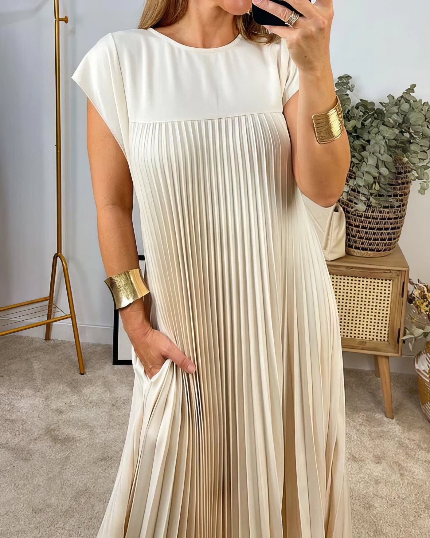 Vestido Largo Plisado Con cuello redondo y sin mangas